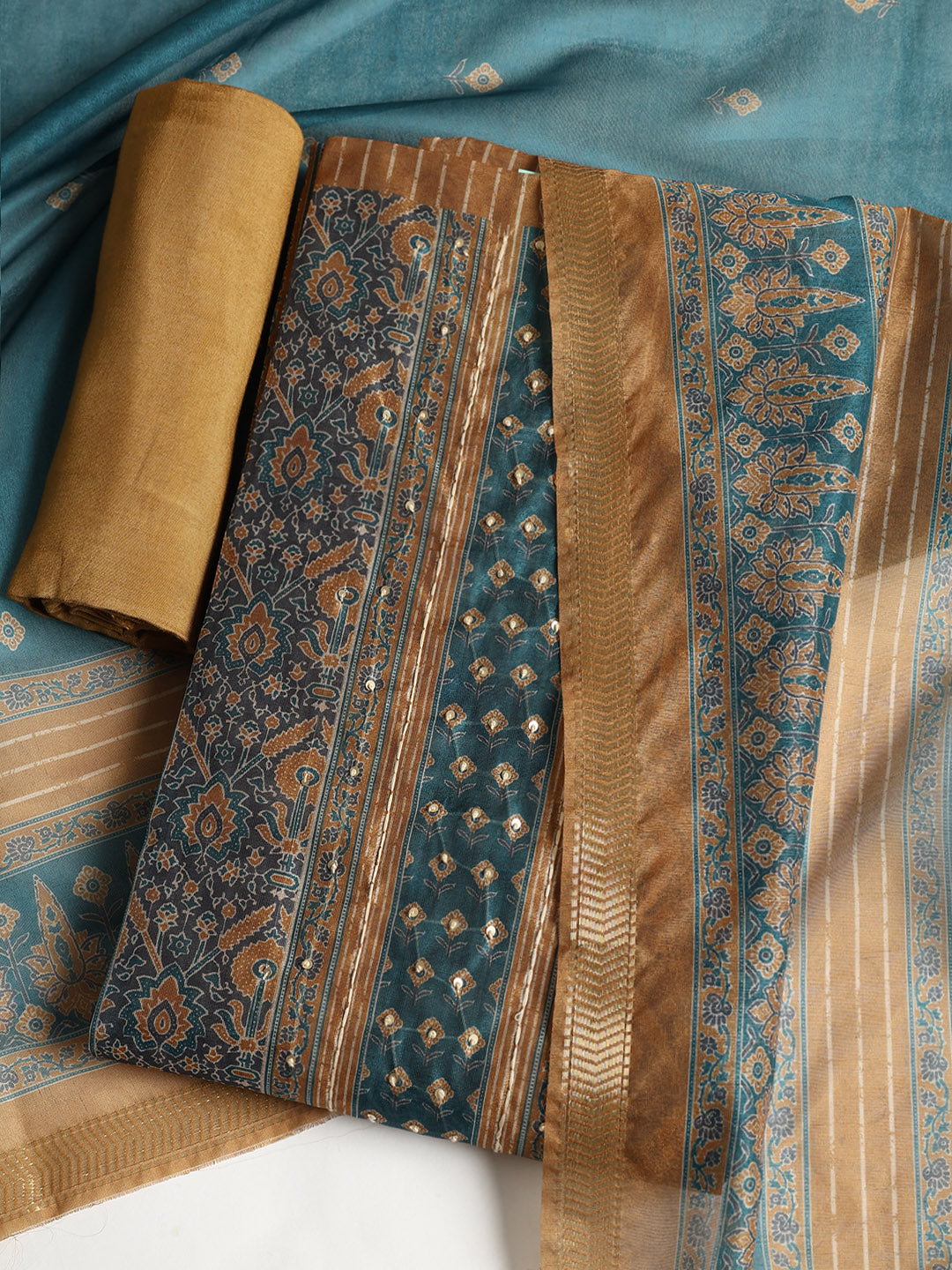 Neck Embroidered Chanderi Unstitched Suit With Dupatta