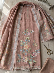 Printed Linen Blend Unstitched Suit With Pant & Dupatta