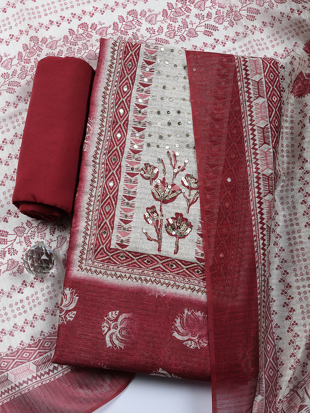 Embroidered Cotton Blend Unstitched Suit With Pant &amp; Dupatta