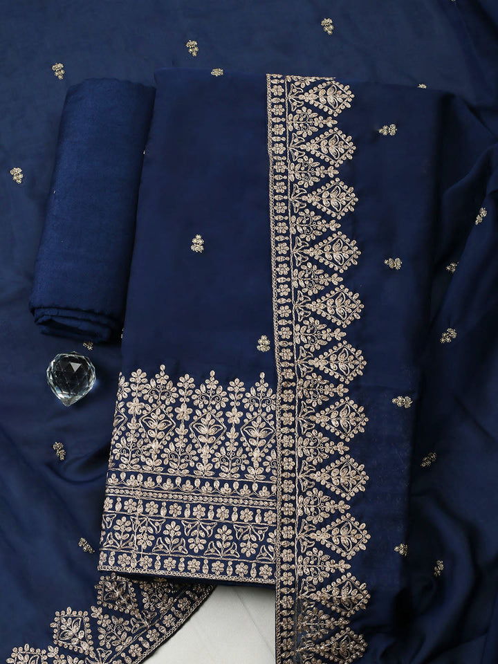 Embroidered Chanderi Unstitched Suit With Pant &amp; Dupatta