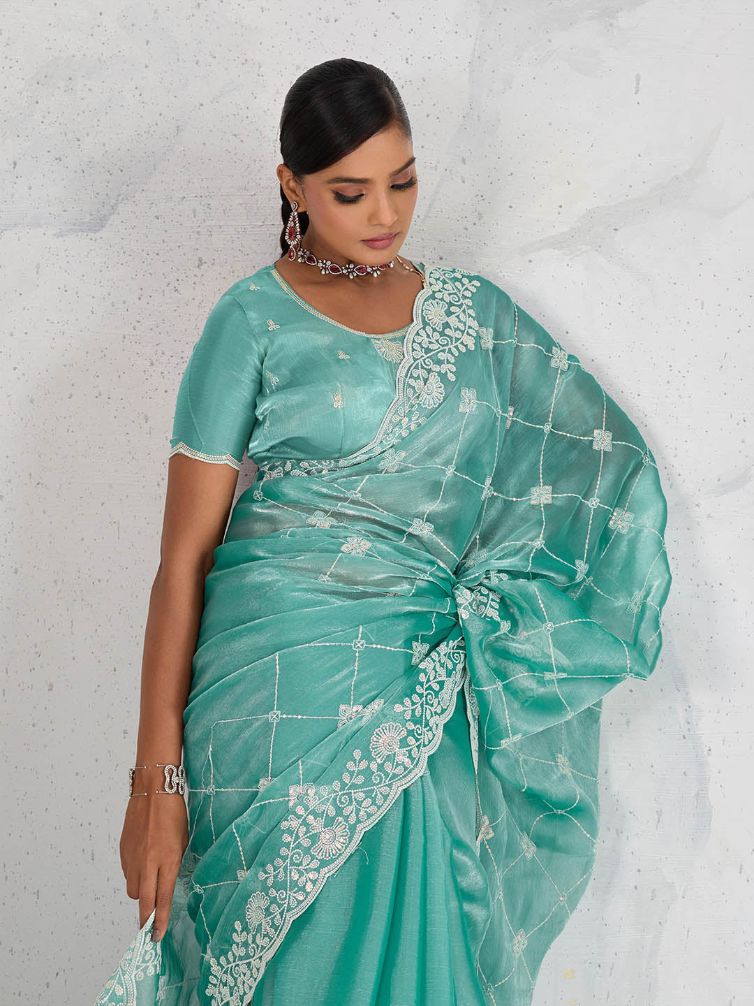 Sequence Embroidery Organza Saree