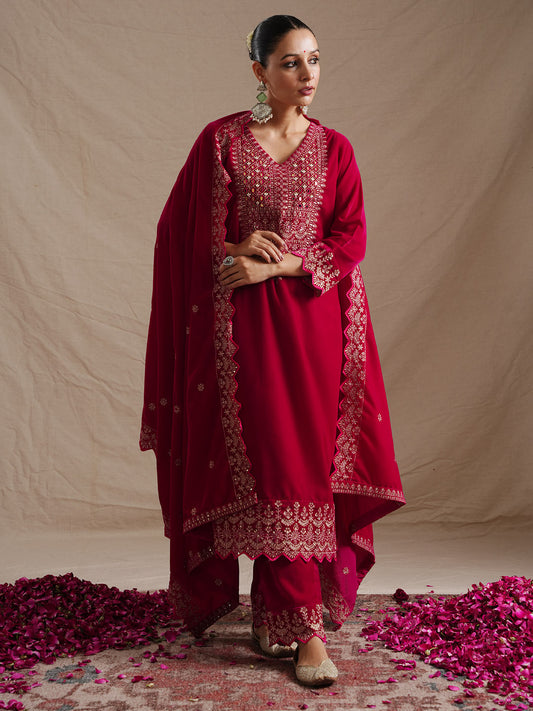 Neck Embroidered Velvet Kurta With Pants & Dupatta