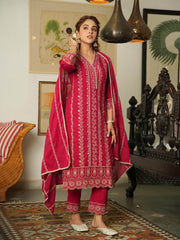 Resham Jaal Cotton Kurta With Pants & Dupatta