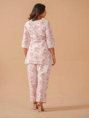 Printed & Lace Work Cotton Blend Shirt With Pant