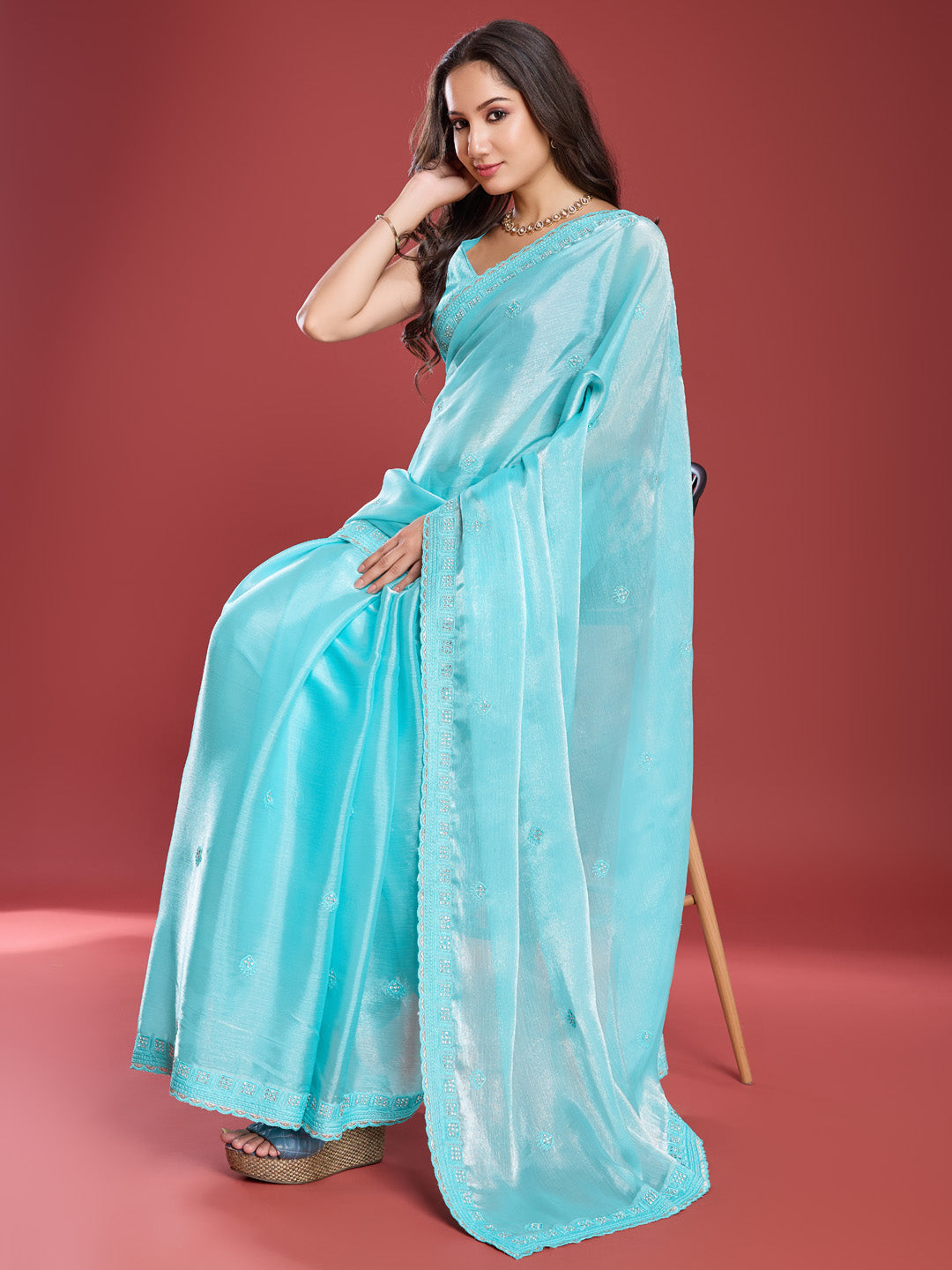 Embroidered Chinon Saree