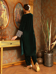 Zari Neck Embroidered Velvet Kurta With Pants