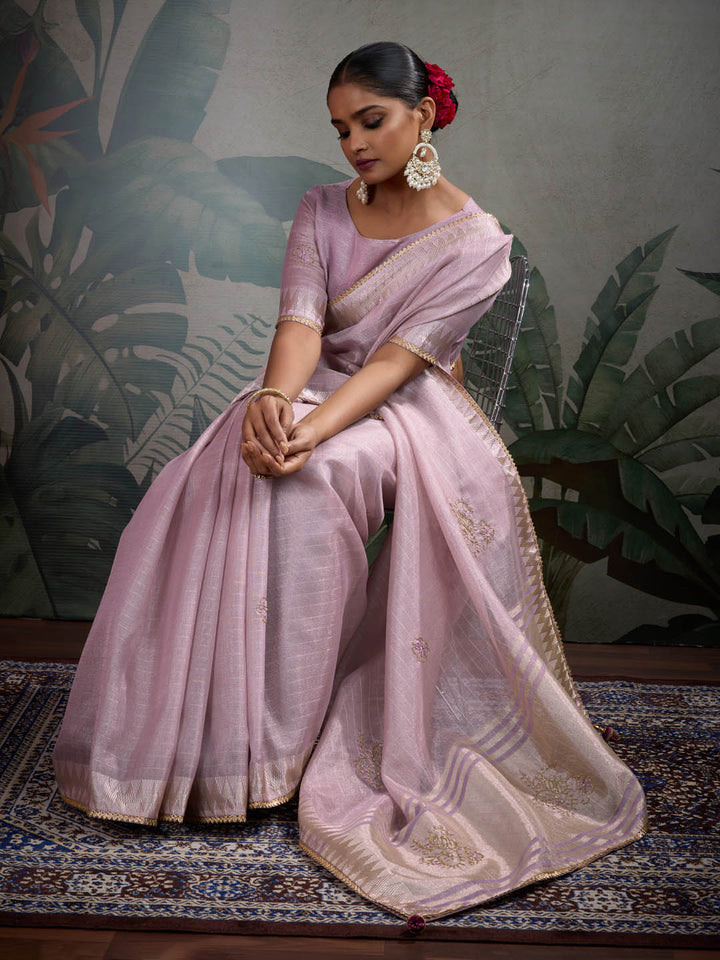 Thread Embroidered Woven Border Linen Saree