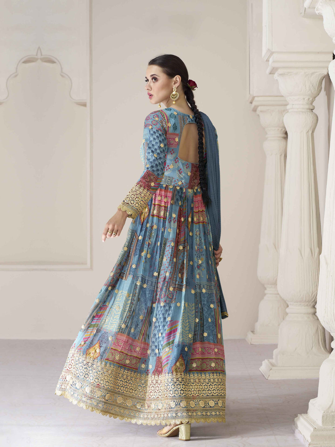 Blue Floral Printed Organza Anarkali Suit Set With Dupatta