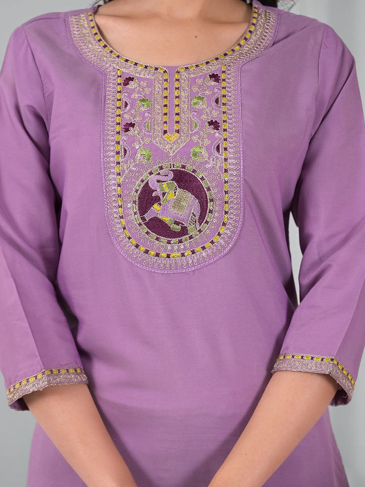 Embroidered Cotton Blend Kurta With Pants &amp; Dupatta