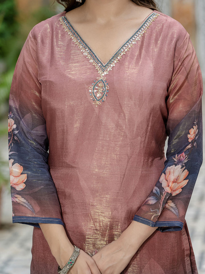 Printed Embroidered Art Silk Kurta With Pants &amp; Dupatta