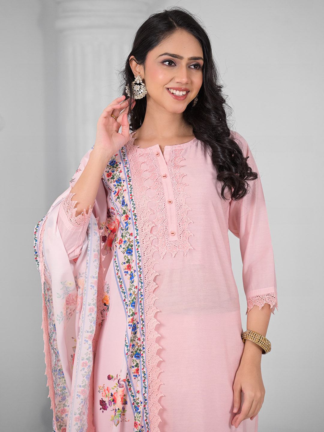 Printed Cotton Blend Kurta With Pants &amp; Dupatta