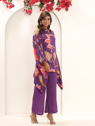 Floral Printed Muslin Kaftan Kurti With Pants