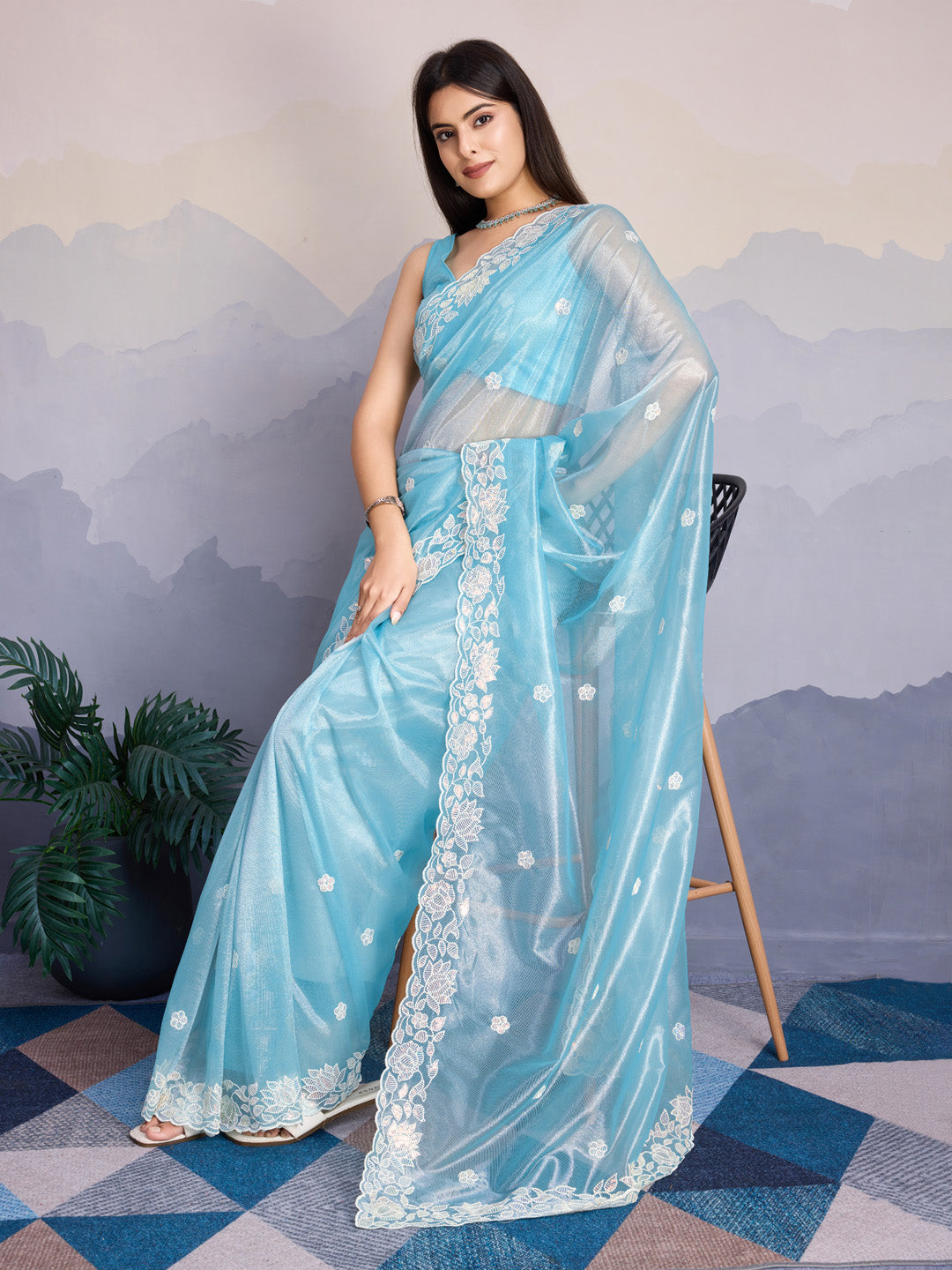 Embroidered Net Saree