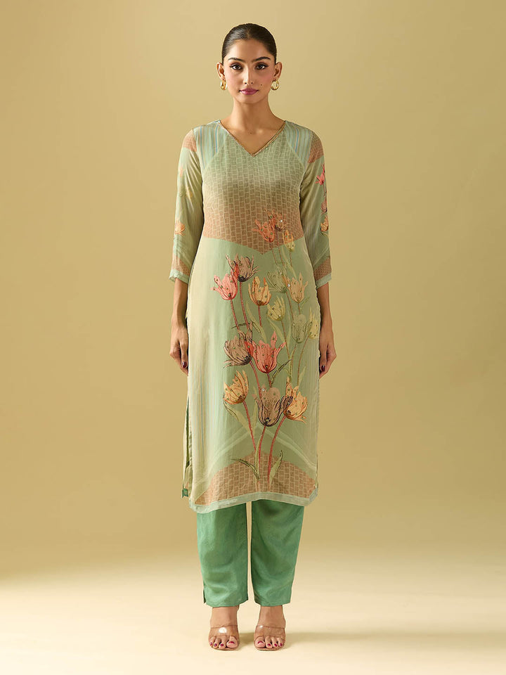 Neck Embroidery Crepe Kurta With Pants &amp; Dupatta