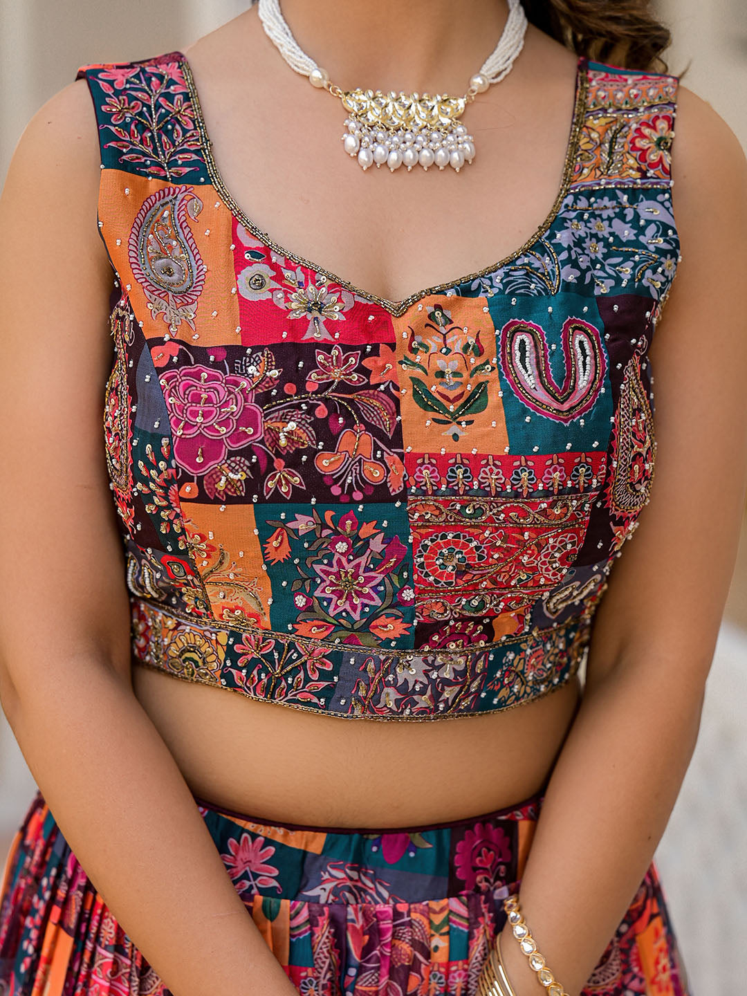 Printed Organza Choli With Lehenga &amp; Dupatta