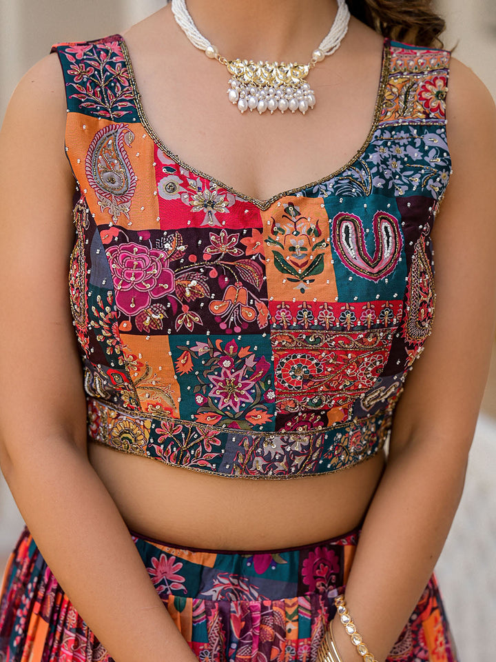 Printed Organza Choli With Lehenga &amp; Dupatta