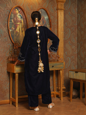 Zari Neck Embroidered Velvet Kurta With Pants