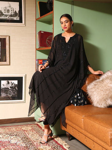 Sequin Embroidered Georgette Kaftan Kurti With Pants