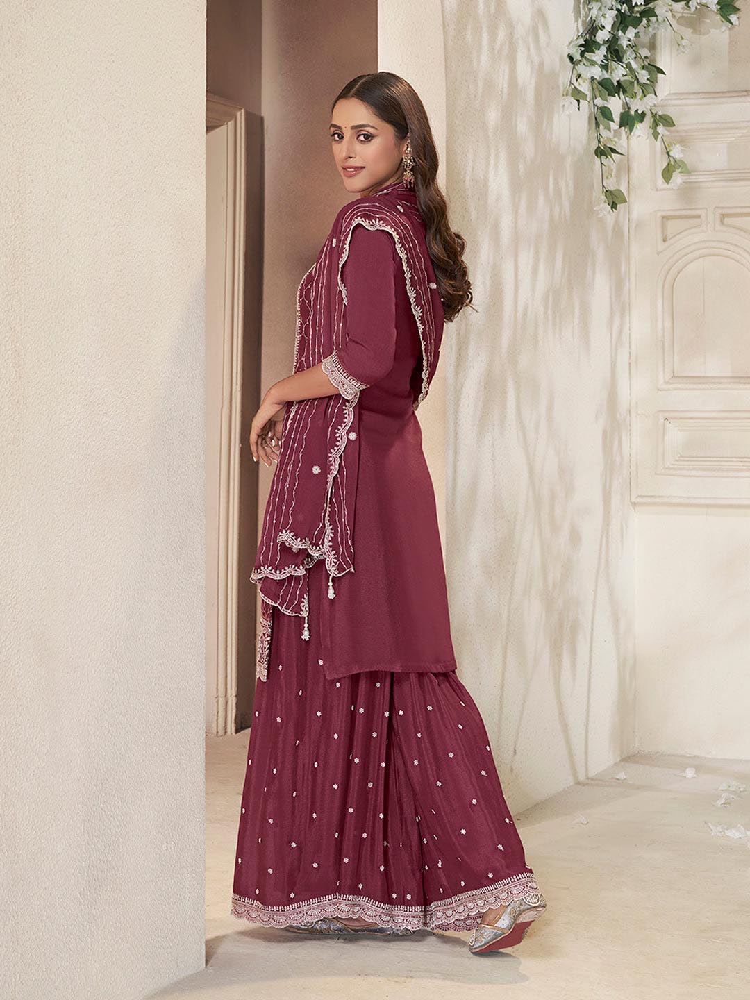 Neck Embroidery Art Silk Kurta With Sharara And Dupatta