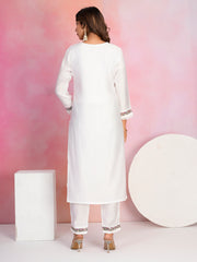 Neck Embroidery Cotton Blend Kurta With Pants & Dupatta