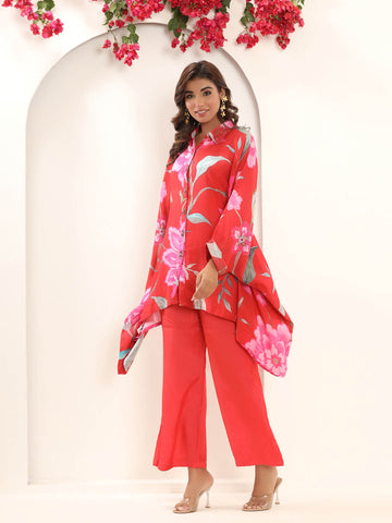 Floral Printed Muslin Kaftan Kurti With Pants