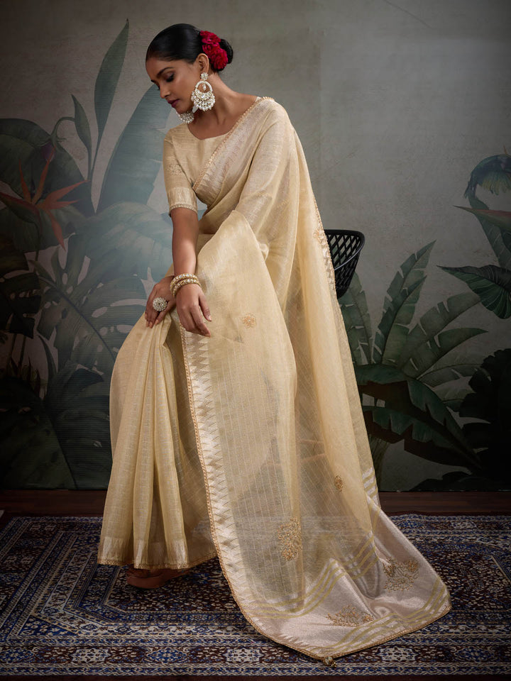 Thread Embroidered Woven Border Linen Saree