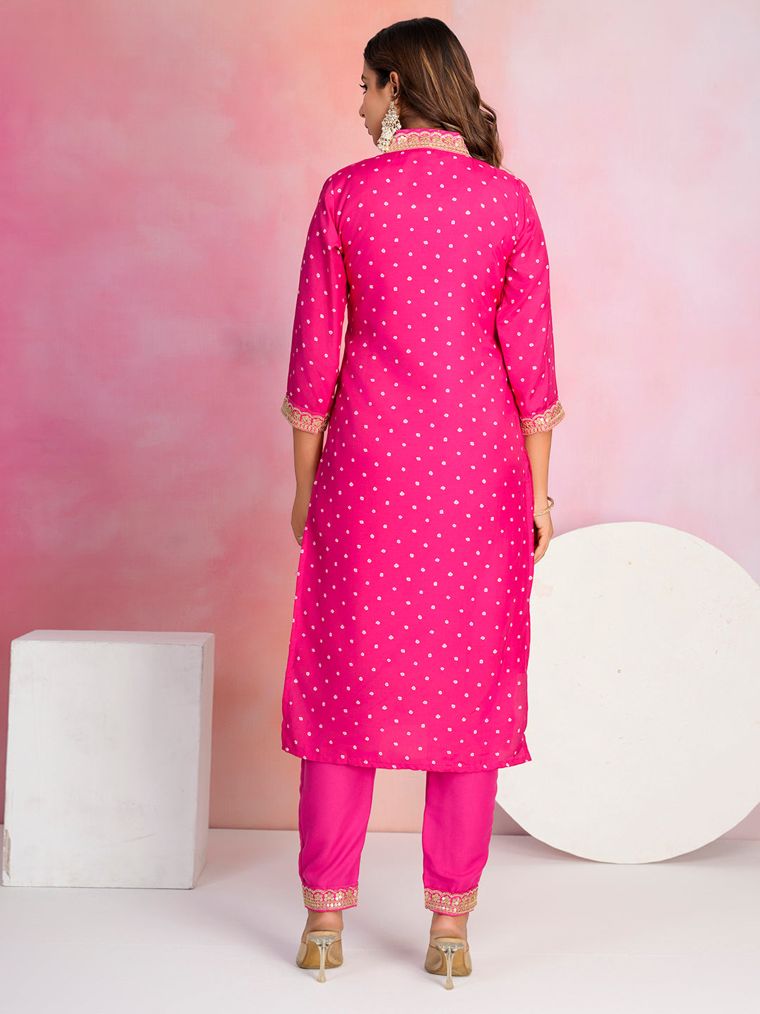Bandhani Printed Cotton Blend Kurta With Pants &amp; Dupatta