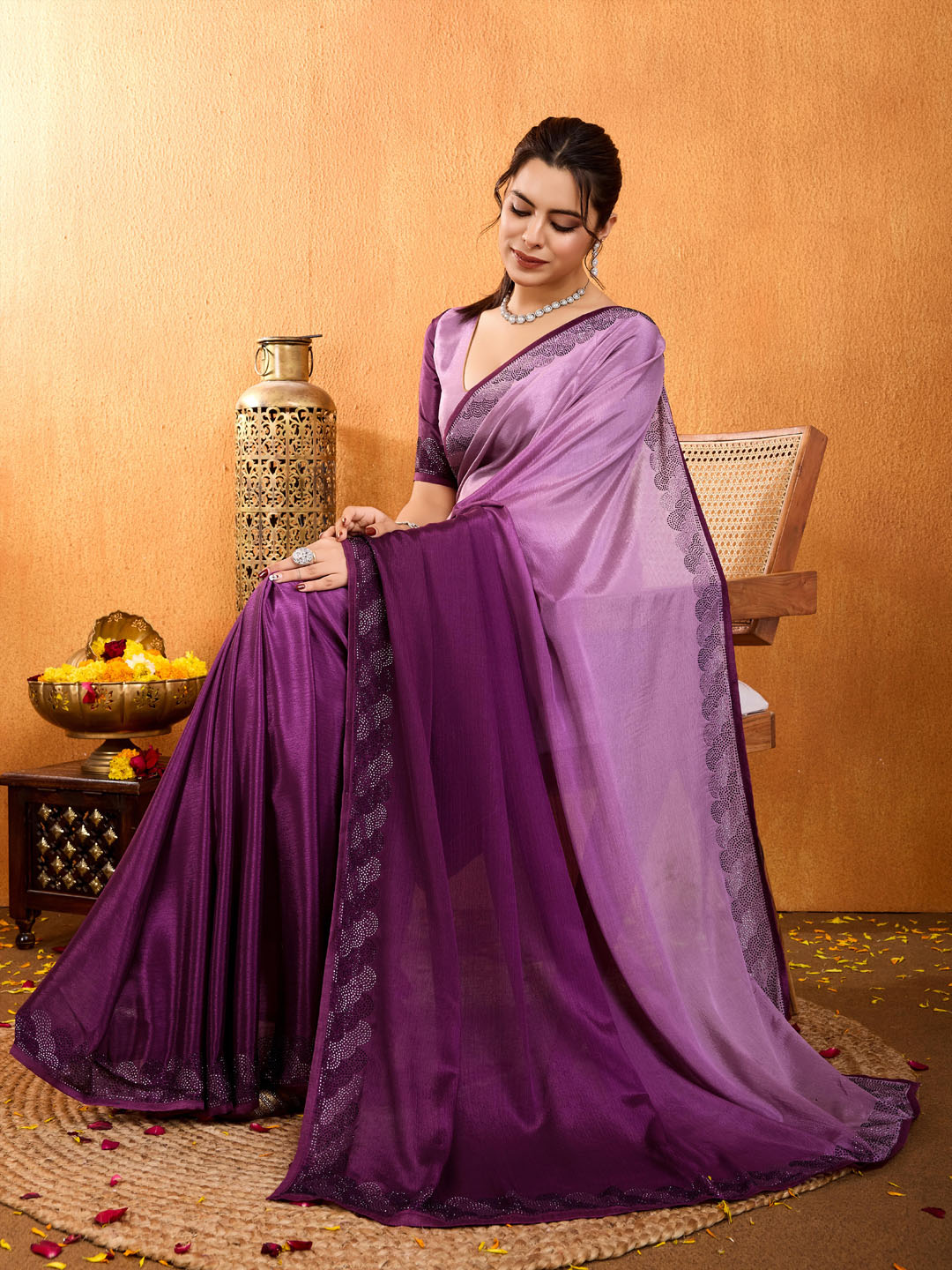 Embroidered Shaded Chinnon Saree