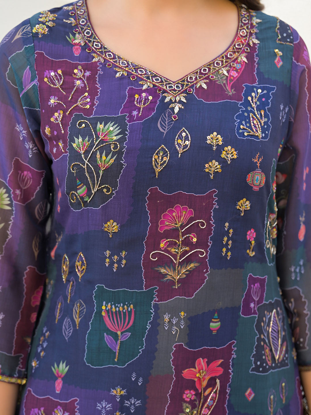 Digital Printed Organza Kurta With Palazzo &amp; Dupatta