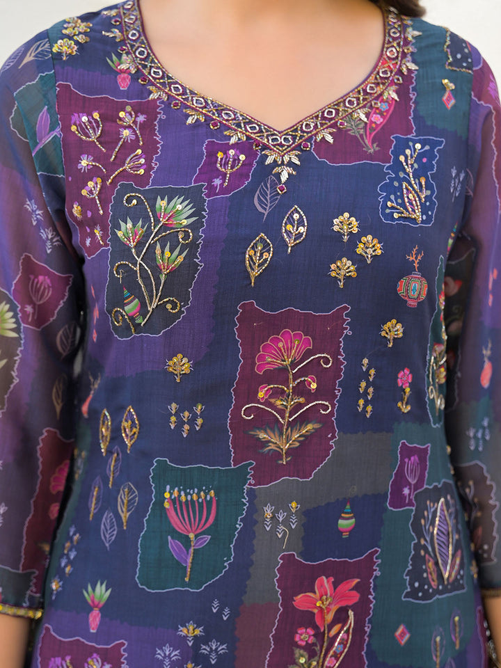Digital Printed Organza Kurta With Palazzo &amp; Dupatta