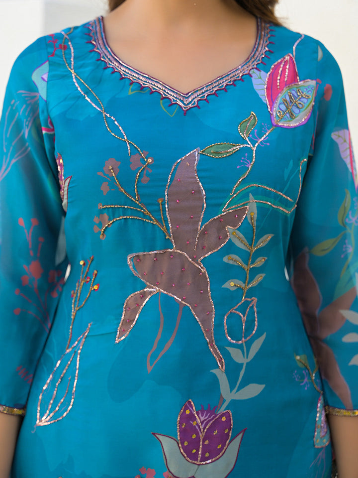 Neck Embroidery Georgette Kurta With Sharara And Dupatta