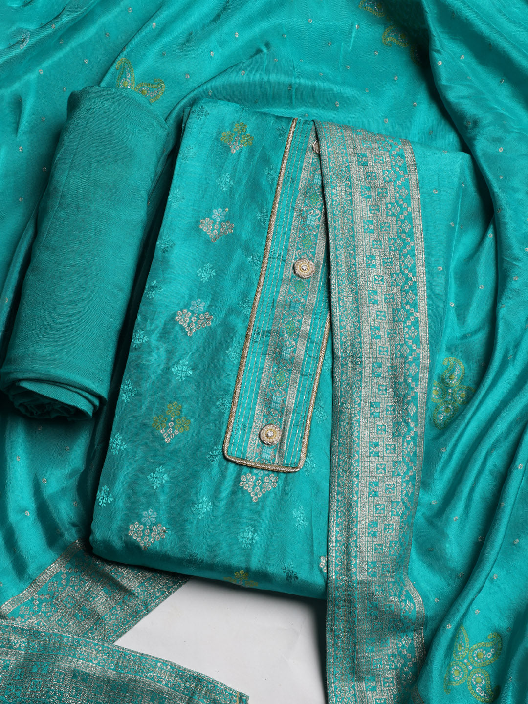 Embroidered Chanderi Unstitched Suit With Dupatta