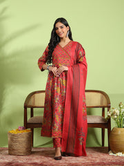 Printed Cotton Kurta With Pant & Dupatta