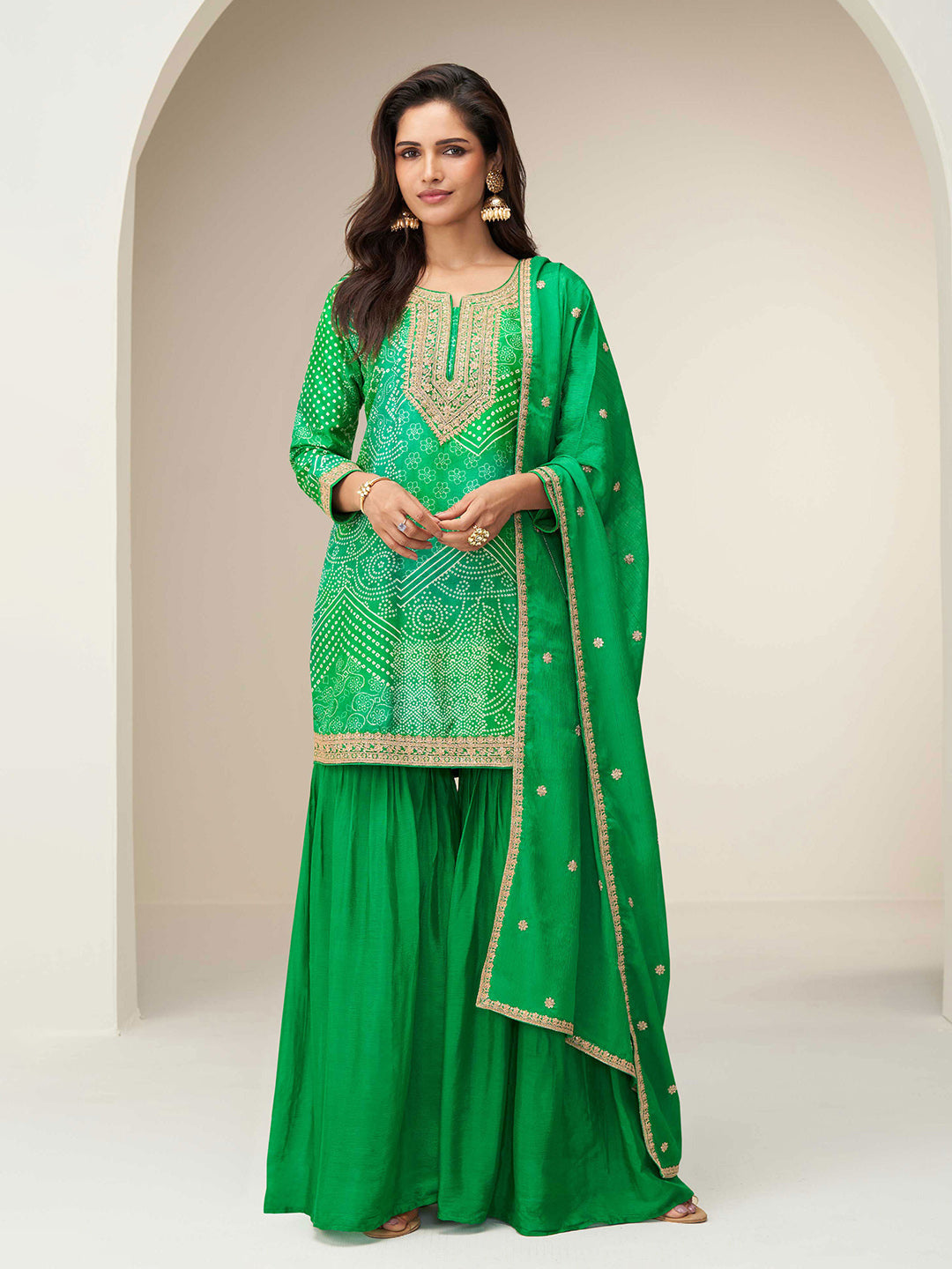Embroidered Chinon Silk Kurti With Sharara &amp; Dupatta