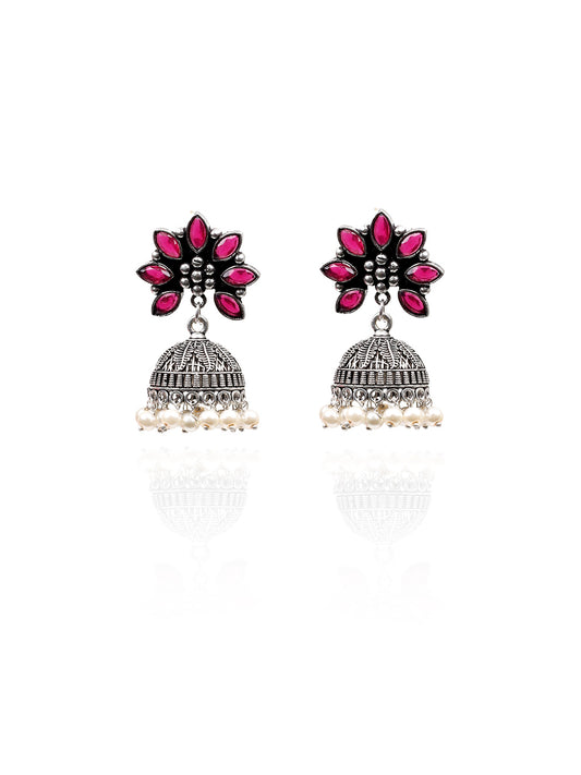 Pink Stone Oxidized Jhumka