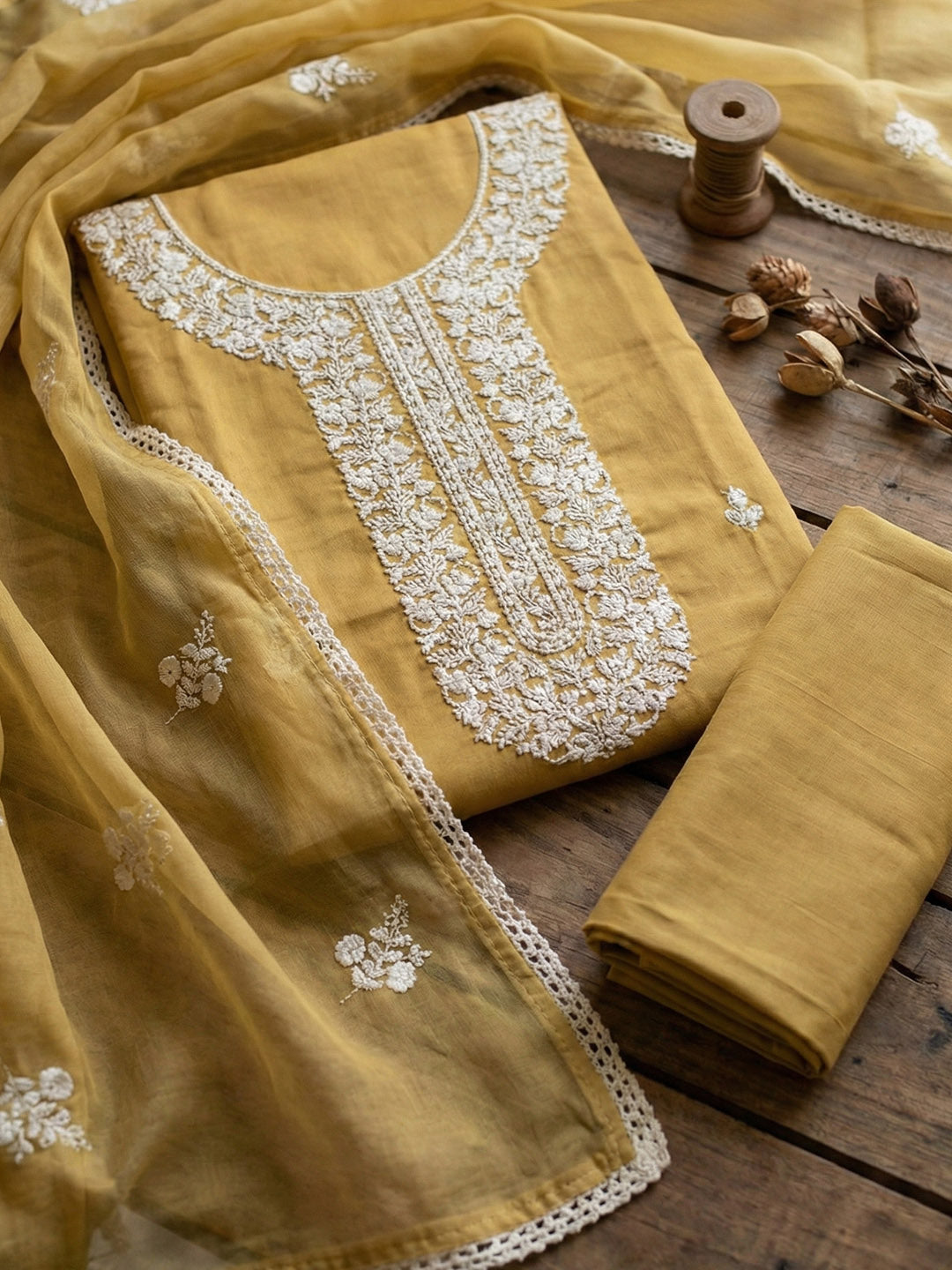 Embroidered Chanderi Unstitched Suit With Pant &amp; Dupatta