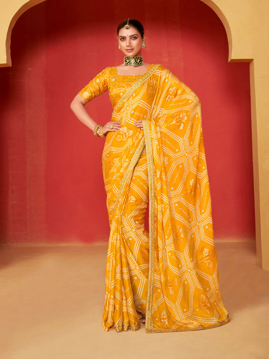 Bandhani Printed Chiffon Woven Saree