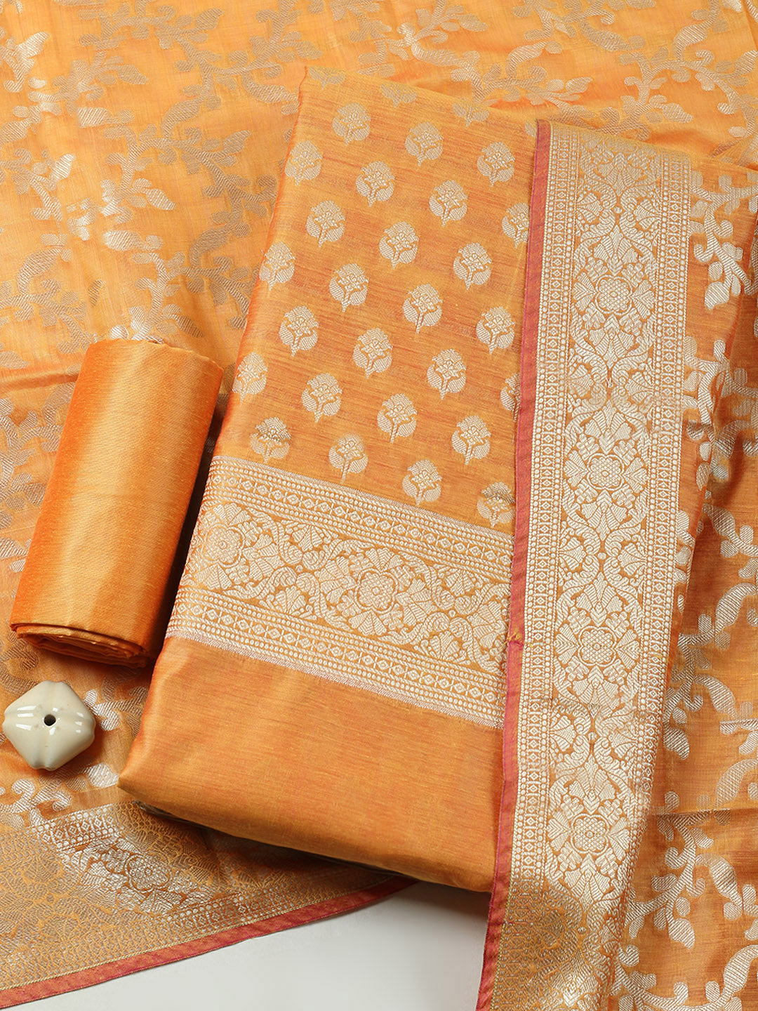 Banarasi Chanderi Unstitched Suit With Pant &amp; Dupatta