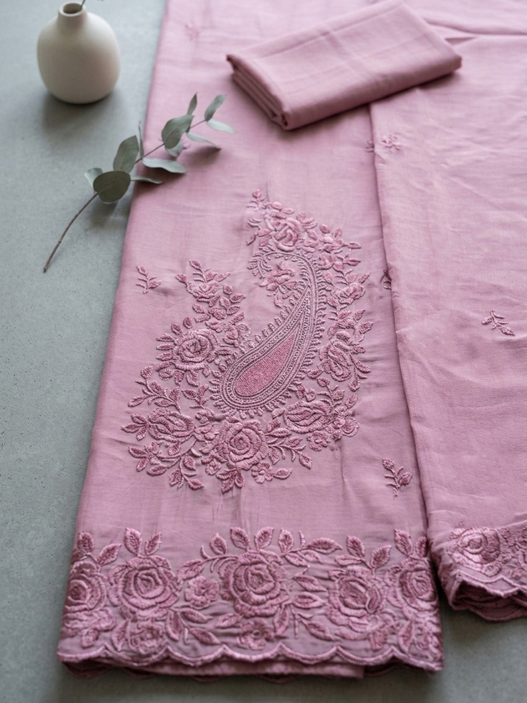 Embroidered Chanderi Unstitched Suit With Pant &amp; Dupatta