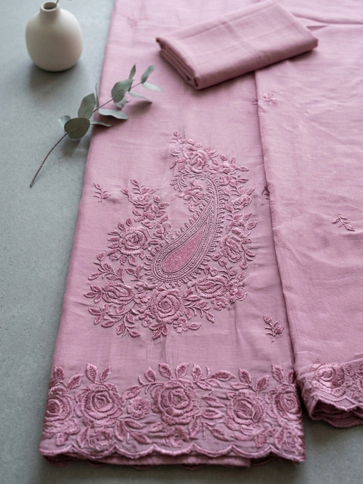Embroidered Chanderi Unstitched Suit With Pant &amp; Dupatta