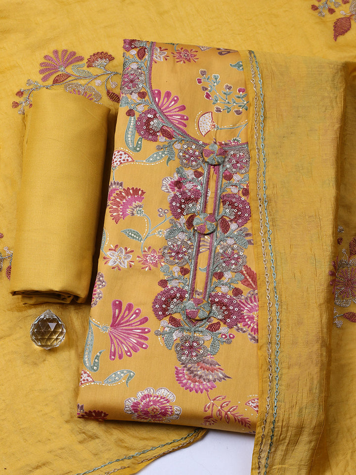 Embroidered Cotton Blend Unstitched Suit With Pant &amp; Dupatta