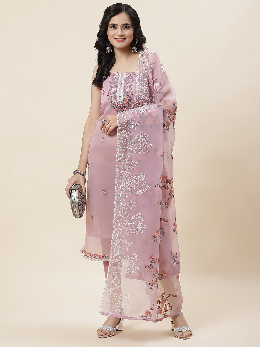 Neck Embroidered Chiffon Unstitched Suit Piece With Dupatta