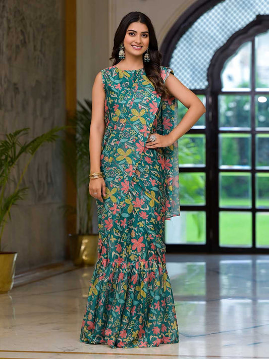 Floral Print Georgette Pre Draped Saree