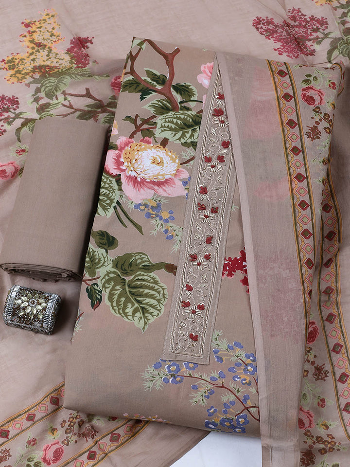 Embroidered Cotton Blend Unstitched Suit With Pant &amp; Dupatta