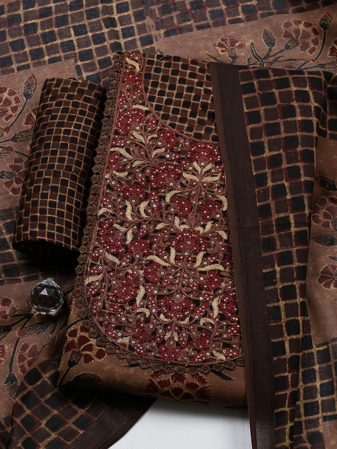 Embroidered Cotton Blend Unstitched Suit With Pant &amp; Dupatta