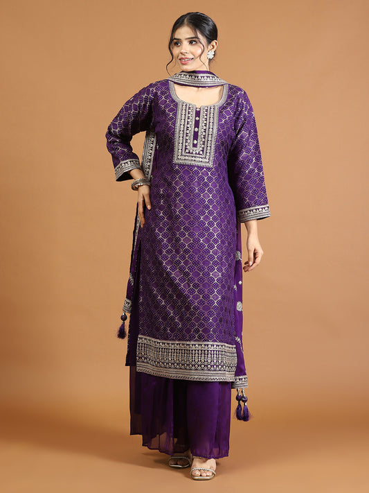 Neck Embroidery Banarasi Kurta With Palazzo & Dupatta