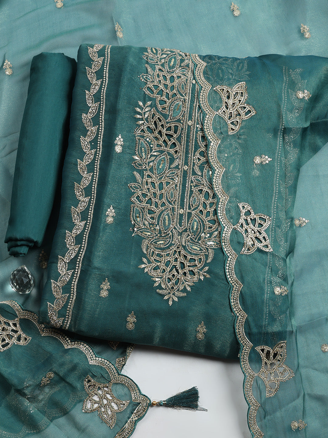 Embroidered Tissue Unstitched Suit With Pant &amp; Dupatta