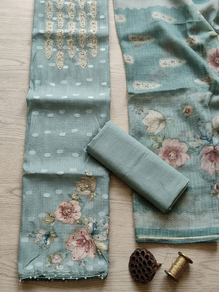 Embroidered Cotton Blend Unstitched Suit With Pant &amp; Dupatta