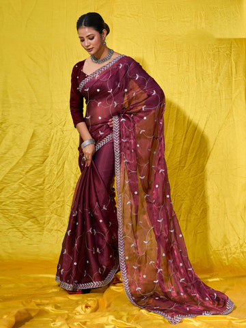 Sequence Embroidery Organza Saree