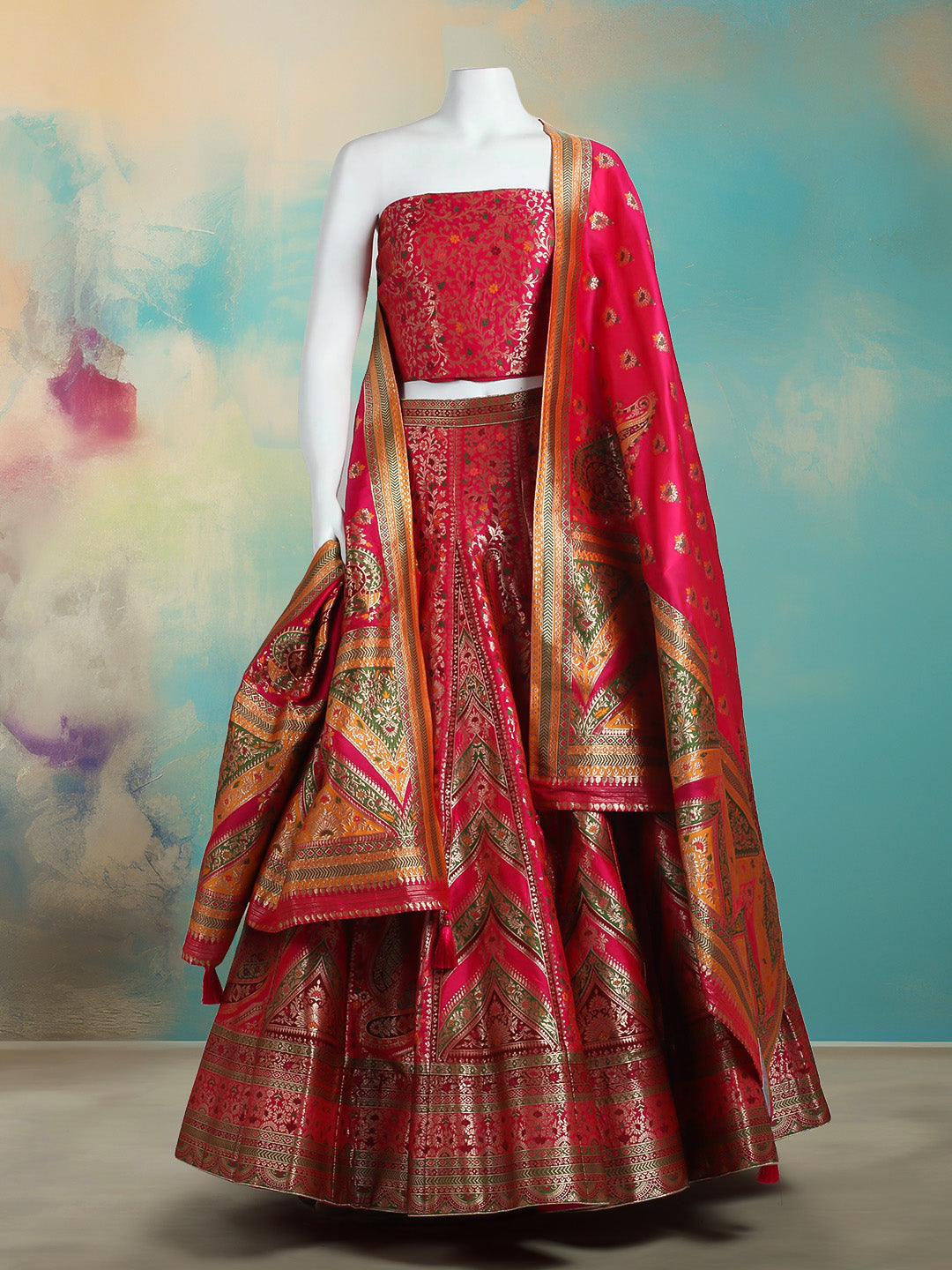 Banarasi Brocade Unstitched Lehenga Choli with Chevron Zari Weave Dupatta